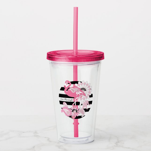Vaso Acrílico Flamingo rosa de banda negra moderna personalizada (Anverso)