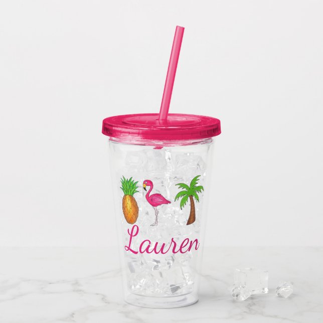 Vaso Acrílico Flamingo rosa de piña de árbol tropical (Reverso (hielo))
