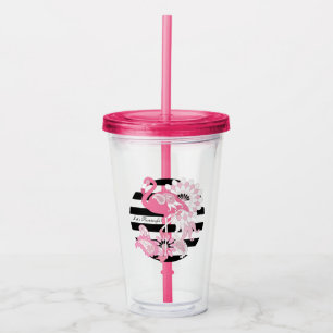 Vaso Acrílico Flamingo rosa de rayas negras personalizadas