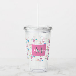 Vaso Acrílico Flamingo Rosa Verano Tropical Monograma Personaliz