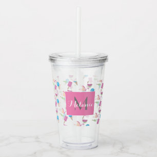 Vaso Acrílico Flamingo Rosa Verano Tropical Monograma Personaliz