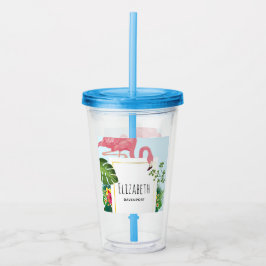 Vaso Acrílico Flamingo rosa y hojas tropicales de diseño