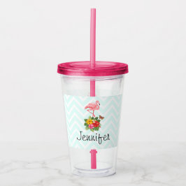 Vaso Acrílico Flamingo rosado y flamante tropical hibiscus