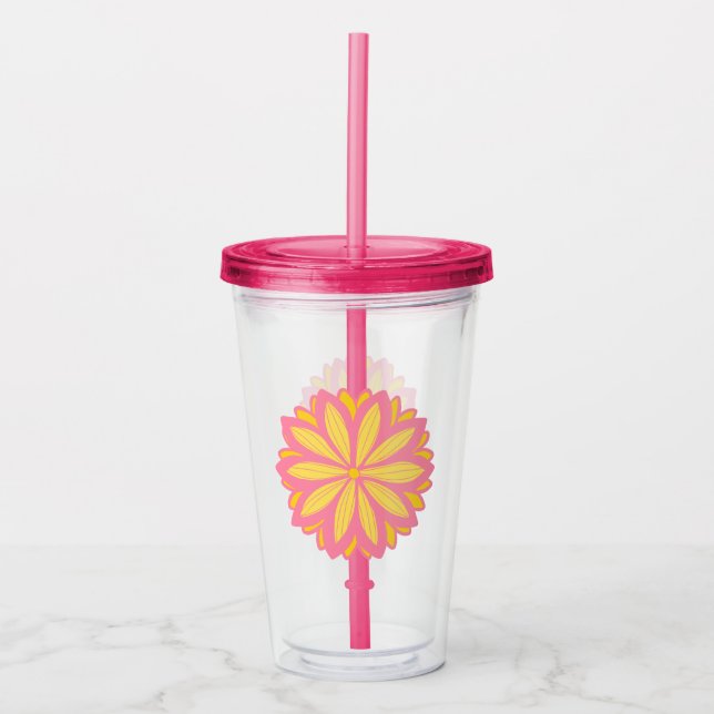Vaso Acrílico Flor Amarilla Y Rosa Botánica (Anverso)