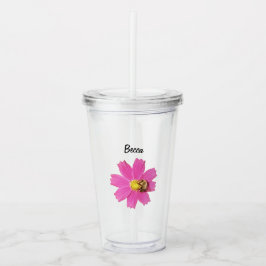Vaso Acrílico Flor de cosmos rosa vivo con abeja personalizada