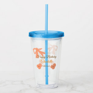 Vaso Acrílico flor pastel de cumpleaños con lazo naranja nombre