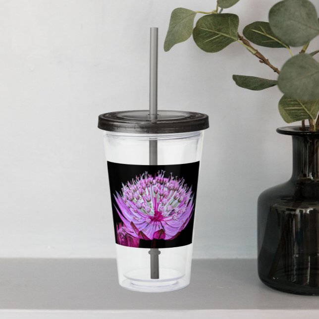 Vaso Acrílico Flor rosa de Astrantia sobre floral negra (In Situ Table)