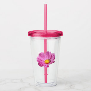 Vaso Acrílico Flor Rosa Vibrante Con Una Abeja En Un Día De Vera