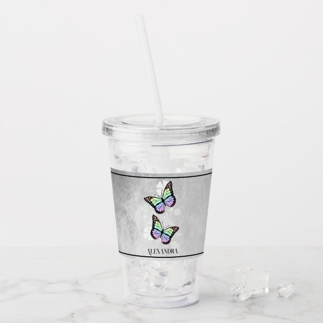 Vaso Acrílico Flora de mariposa arcoiris personalizada (Anverso (hielo))