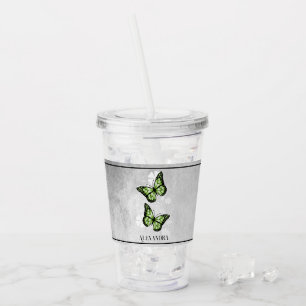 Vaso Acrílico Flora de mariposa verde personalizada