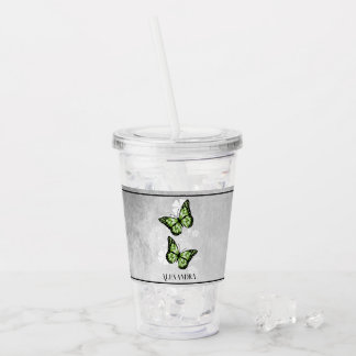Vaso Acrílico Flora de mariposa verde personalizada