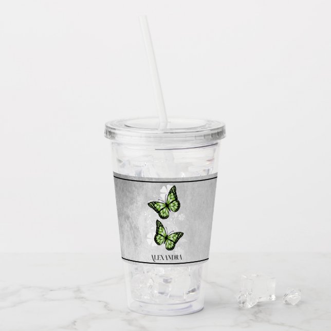 Vaso Acrílico Flora de mariposa verde personalizada (Anverso (hielo))