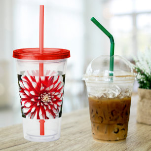 Vaso Acrílico Floral de Dahlia roja y blanca
