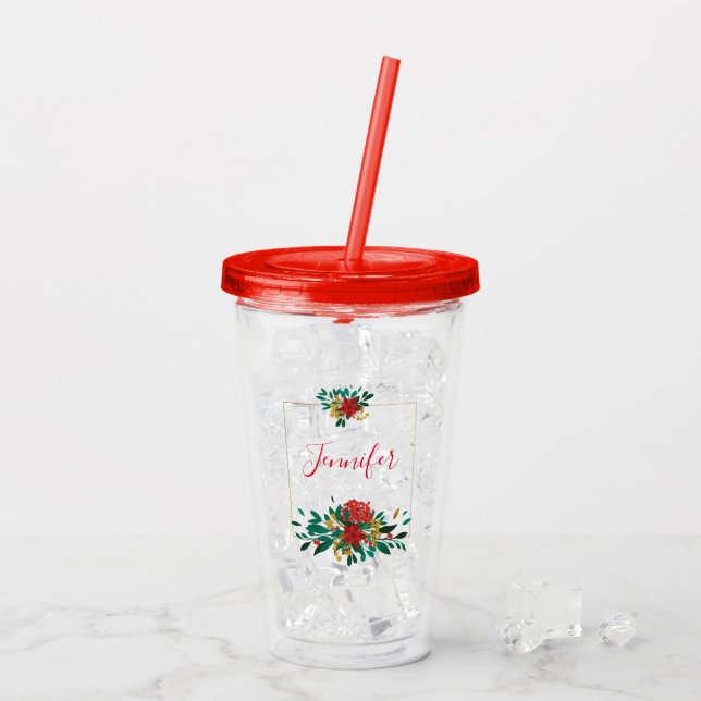 Vaso Acrílico Floral de Navidades de oro y verde rojo moderno (Reverso (hielo))