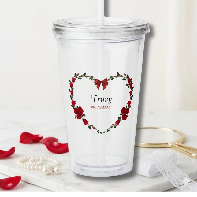 Vaso Acrílico Floral Red Rose Bridesmaid Gift (Personalized Bridesmaid Acrylic Tumbler with Red Rose Heart Storybook Motif)