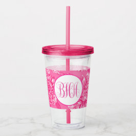 Vaso Acrílico Floral Rosa y Monograma
