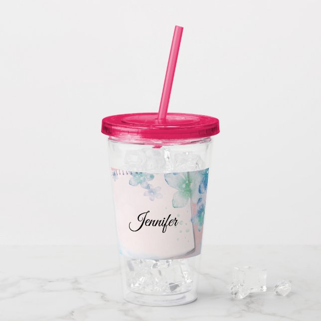Vaso Acrílico Flores azules de bonito en fondo rosado (Reverso (hielo))