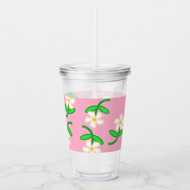 Vaso Acrílico Flores blancas en rosa (Anverso)