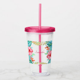Vaso Acrílico Flores de acuarela tropical personalizadas