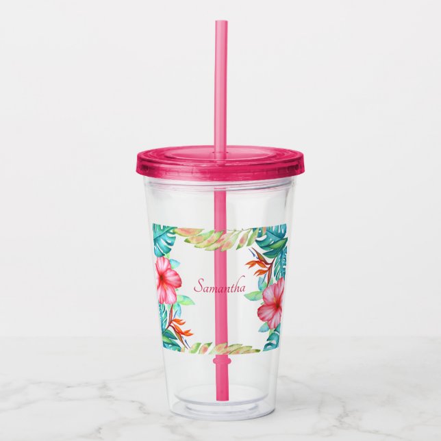 Vaso Acrílico Flores de acuarela tropical personalizadas (Anverso)