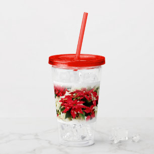 Vaso Acrílico Flores de Poinsettia floral blanca y roja festiva