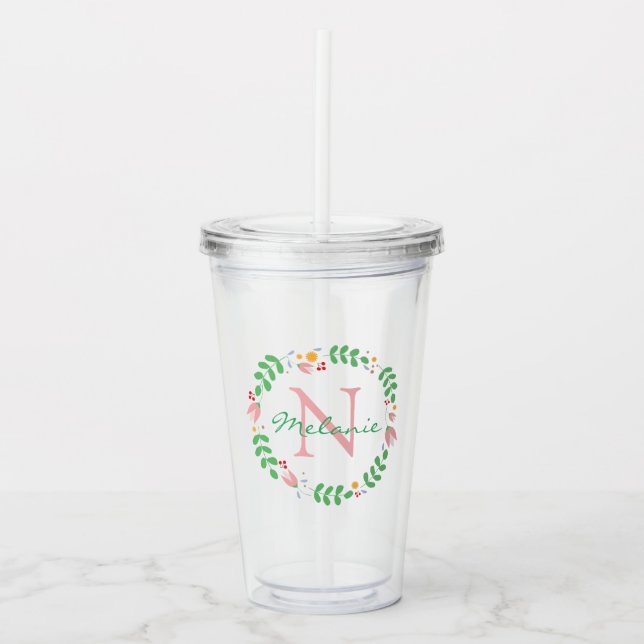 Vaso Acrílico Flores de primavera de bonito Wreath Monogramed (Anverso)