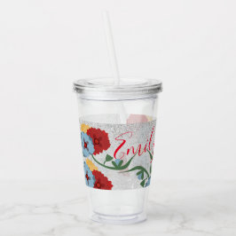 Vaso Acrílico Flores Mexicanas Monograma con Brillo Verde