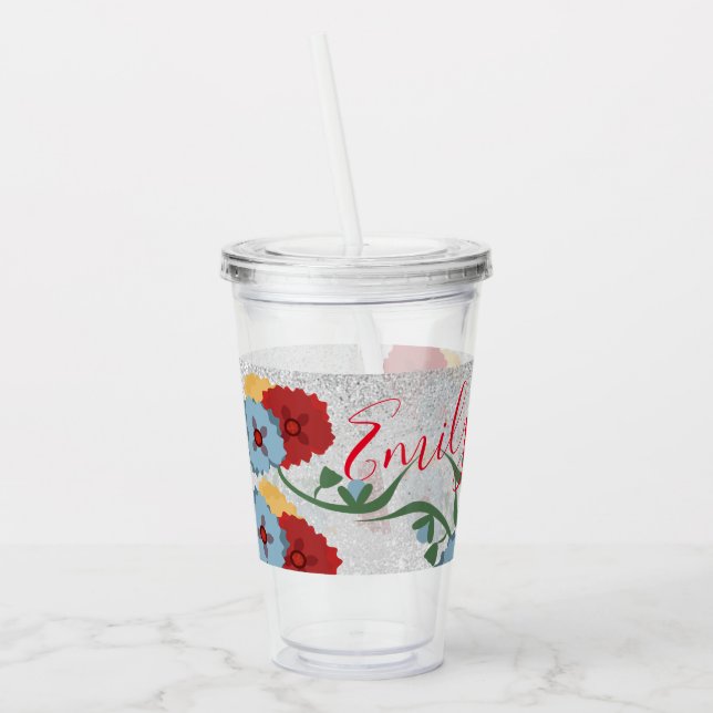 Vaso Acrílico Flores Mexicanas Monograma con Brillo Verde    (Izquierda)