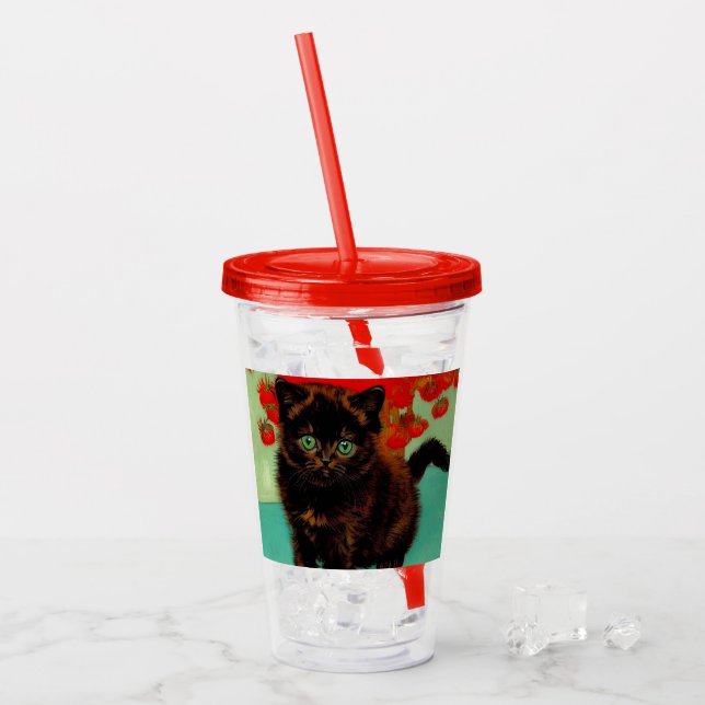Vaso Acrílico Flores rojas de gato negro Van Gogh (Anverso (hielo))