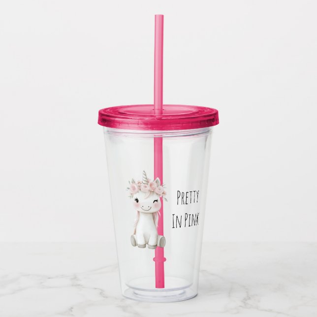 Vaso Acrílico Flores Rosadas de Unicornio (Anverso)