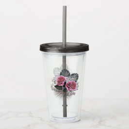 Vaso Acrílico Flores rosas hojas tropicales