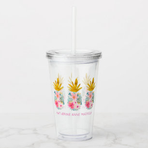 Vaso Acrílico Flores tropicales rosas y piñas doradas