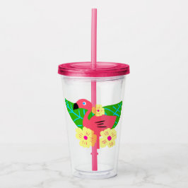 Vaso Acrílico Flores y flamencos tropicales