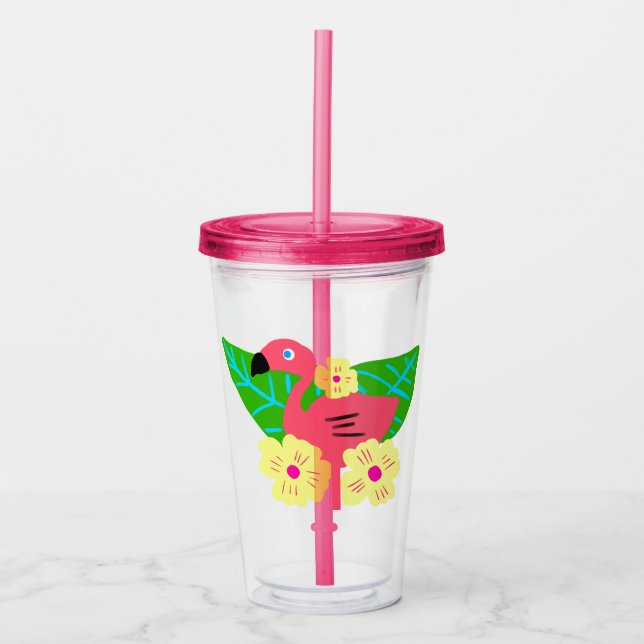 Vaso Acrílico Flores y flamencos tropicales (Anverso)