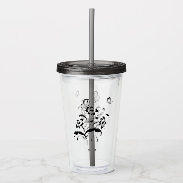 Vaso Acrílico Flores y mariposas (Anverso)