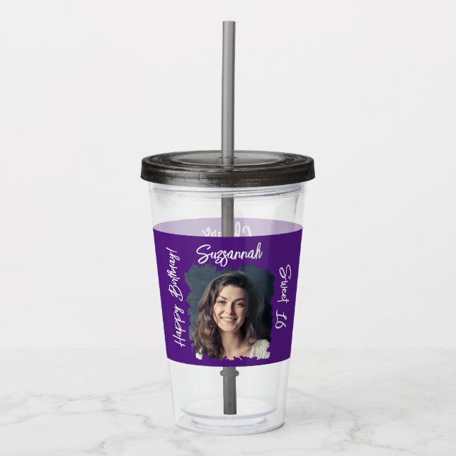 Vaso Acrílico Foto personalizado 16ª plantilla de cumpleaños fel (Anverso)