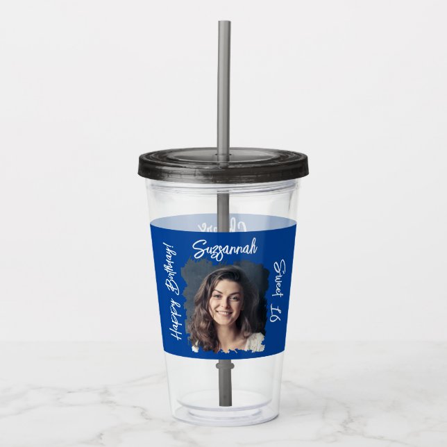 Vaso Acrílico Foto personalizado 16ª plantilla de cumpleaños fel (Anverso)