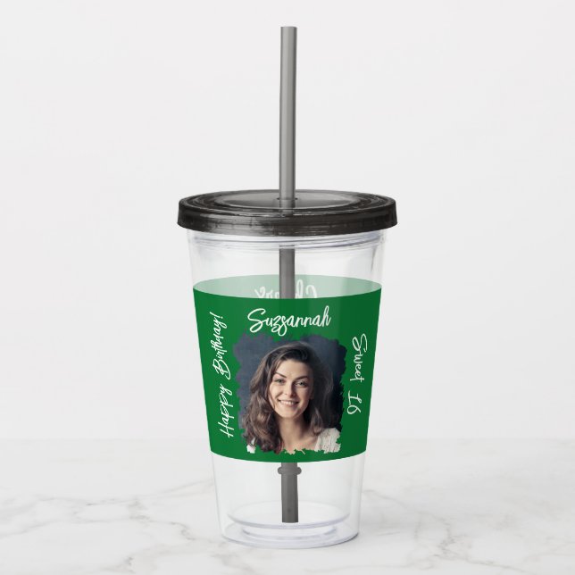 Vaso Acrílico Foto personalizado 16ª Plantilla Verde Feliz Cumpl (Anverso)