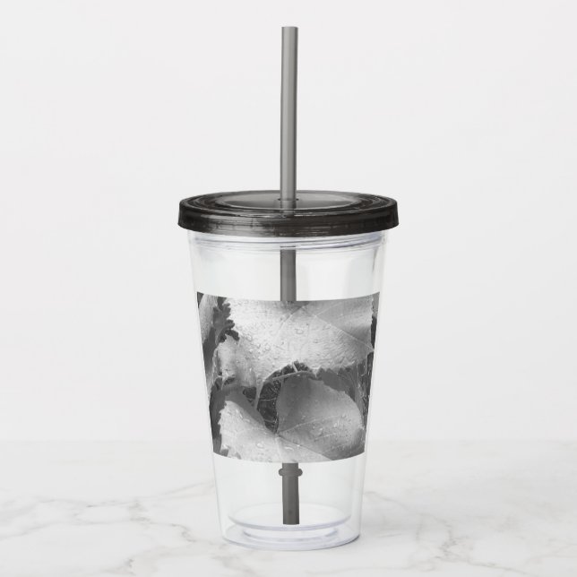 Vaso Acrílico Fotografía en blanco y negro de hojas de uva húmed (Anverso)