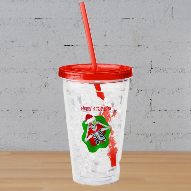 Vaso Acrílico Fun Merry Christmas Skeleton Ornaments Splatter (Happy Skeleton Santa Hat ornaments in round wavy shape on Merry Christmas acrylic drink tumbler.)