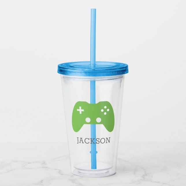 Vaso Acrílico Gamer de controlador de videojuegos verde personal (Anverso)