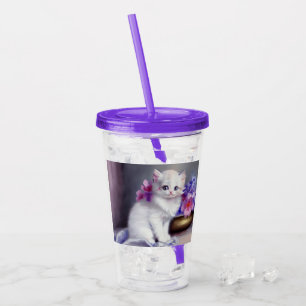 Vaso Acrílico Gatito blanco vintage con flores rosadas y moradas
