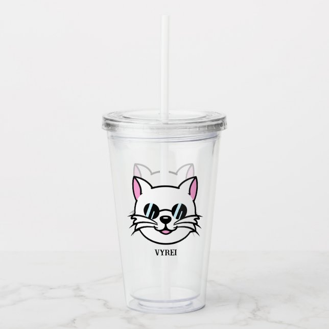Vaso Acrílico Gato blanco con gafas negras / gafas de sol (Anverso)