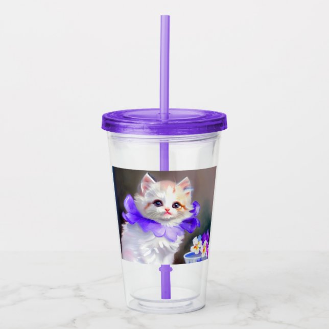 Vaso Acrílico Gato blanco con pintura de cuello de flores morada (Anverso)