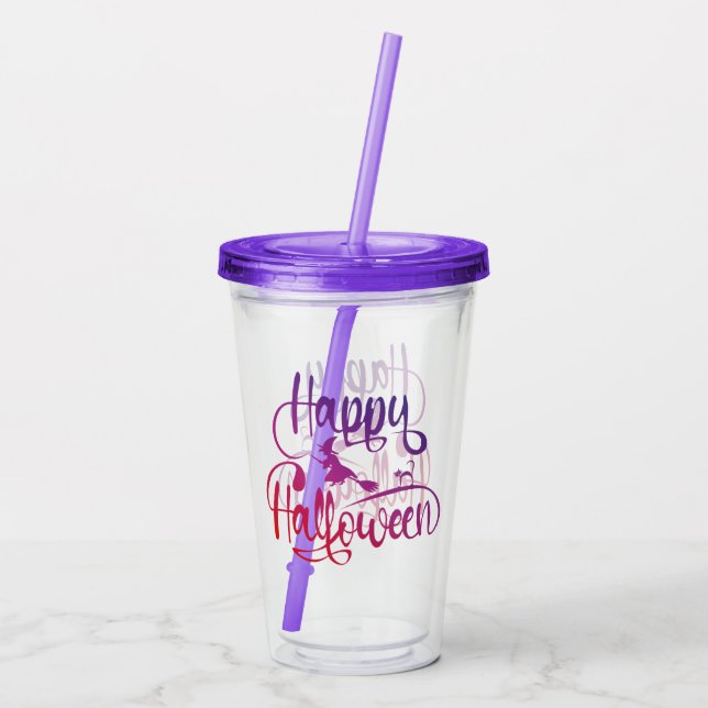 Vaso Acrílico Gato de bruja voladora feliz gradiente de Hallowee (Reverso)