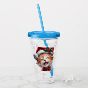 Vaso Acrílico Gato de Navidades cortos con Santa Hat y Bow Tie