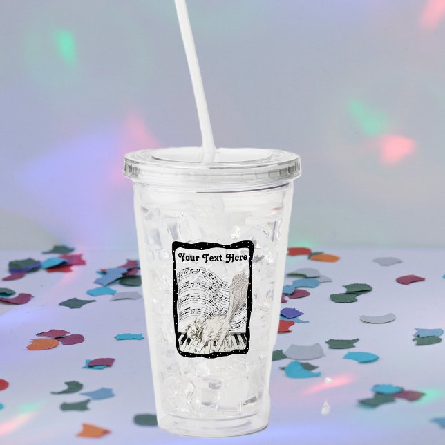 Vaso Acrílico Gato de Winking en un piano bar de notas musicales (Winking cat on piano keys bars music notes black white dotted frame on acrylic drink tumbler.)