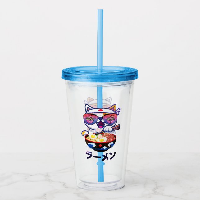 Vaso Acrílico Gato Kawaii comiendo Ramen - Aburridos fideos japo (Anverso)