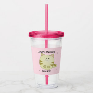 Vaso Acrílico Gato marrón lindo patrón rosa feliz cumpleaños