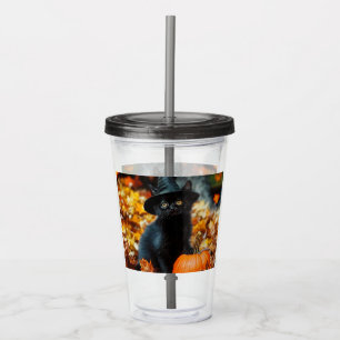 Vaso Acrílico Gato negro de Halloween y calabaza